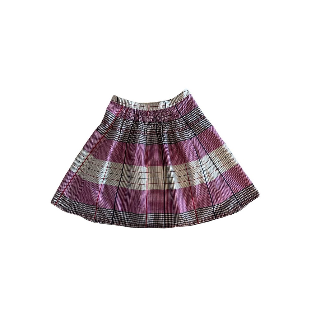 Women 42 M ETRO 100% Silk Plaid Flare Skirt Smocked Made in Italy Pink Cream